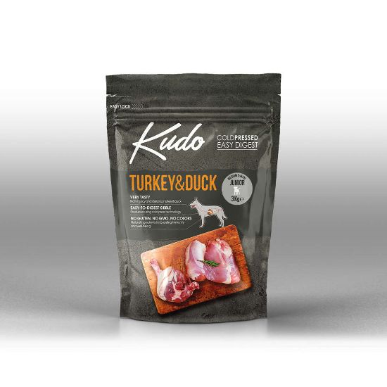Kudo Low Grain Turkey/Duck Medium&Maxi Junior - Балансирана суха храна за подрастващи кучета от средни и едри породи с пуешко и патешко месо, 3 кг.